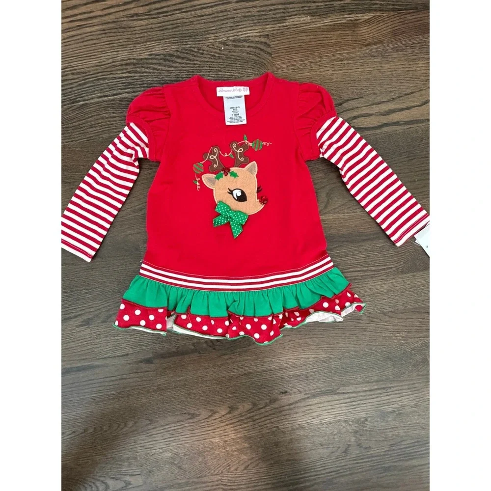Bonnie Baby Christmas‎ Reindeer Dress Red Striped Ruffle Holiday 18M X59613-PL